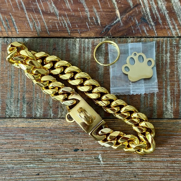 Hip Hop Style 18kt gold plated stainless steel dog collar and tag - 10” chain - Picture 5 of 6